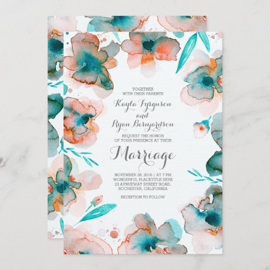 Bloemen waterverf Romantische blauwgroen bruiloft Kaart (Voorkant / Achterkant)