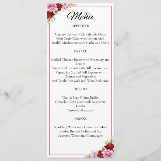 Bloemen Waterverf Roos bruiloft Menu (Voorkant)