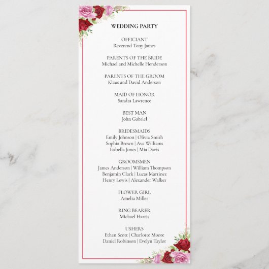Bloemen Waterverf Roos bruiloft Programmakaart (Achterkant)