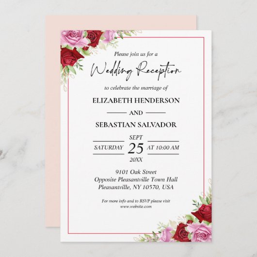 Bloemen Waterverf Roos bruiloft receptie Kaart (Voorkant / Achterkant)