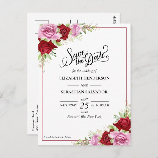Bloemen Waterverf Roos Bruiloft Save The Date Briefkaart (Voorkant / Achterkant)