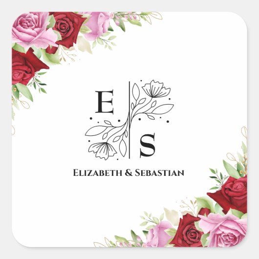 Bloemen Waterverf Roos bruiloft Vierkante Sticker (Voorkant)