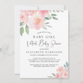 Bloemen Waterverf Roze Baby Meisje Virtuele Douche Kaart (Voorkant)