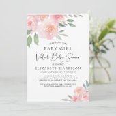 Bloemen Waterverf Roze Baby Meisje Virtuele Douche Kaart (Staand voorkant)