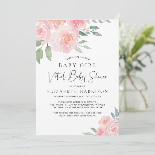 Bloemen Waterverf Roze Baby Meisje Virtuele Douche Kaart (Staand voorkant)