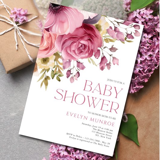 Bloemen Waterverf Roze Baby shower Kaart