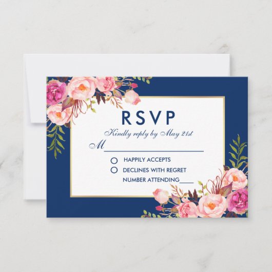 Bloemen Waterverf Roze Blauw Goud RSVP Bruiloft B (Voorkant)