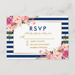 Bloemen Waterverf Roze Blauwe Strepen Bruiloft RSV RSVP Kaartje