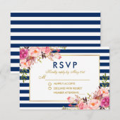 Bloemen Waterverf Roze Blauwe Strepen Bruiloft RSV RSVP Kaartje (Voorkant / Achterkant)
