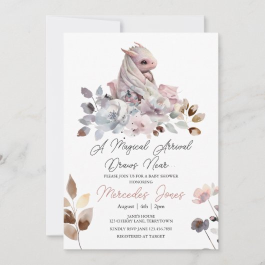 Bloemen Waterverf Roze Meisje Dragon Baby shower Kaart (Voorkant)