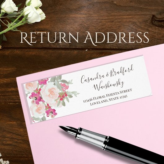 Bloemen Waterverf Roze Meisje Trouwpaar Etiket