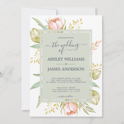 Bloemen Waterverf Roze Pioen Rustiek Boho Huwelijk Kaart (Voorkant)