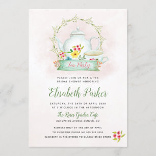 Bloemen waterverf roze vrijgezellenfeest tea party kaart