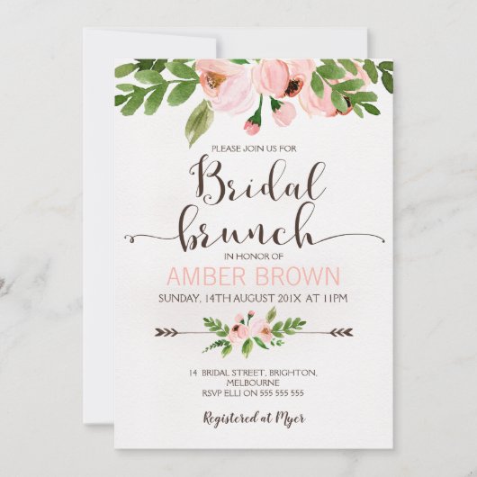 Bloemen Waterverf Rozen Bruids Brunch Uitnodiging (Voorkant)