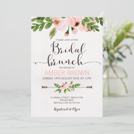 Bloemen Waterverf Rozen Bruids Brunch Uitnodiging (Staand voorkant)