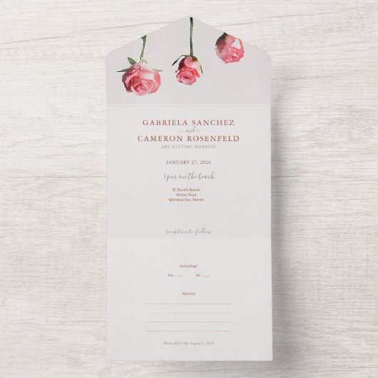 Bloemen Waterverf Rozen Terracotta Bruiloft All In One Uitnodiging (Binnen)