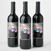 Bloemen Waterverf schedel met strepen Wijn Etiket (Flessen)