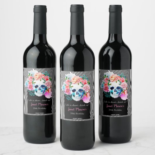 Bloemen Waterverf schedel met strepen Wijn Etiket (Flessen)