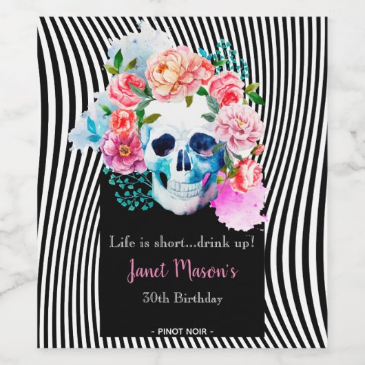 Bloemen Waterverf schedel met strepen Wijn Etiket (Enkel label)