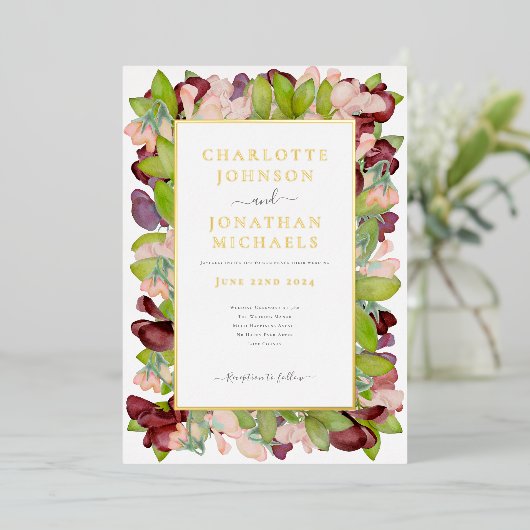 Bloemen Waterverf Sinaasappel Gouden Bruiloft Folie Uitnodiging (Staand Voorkant)