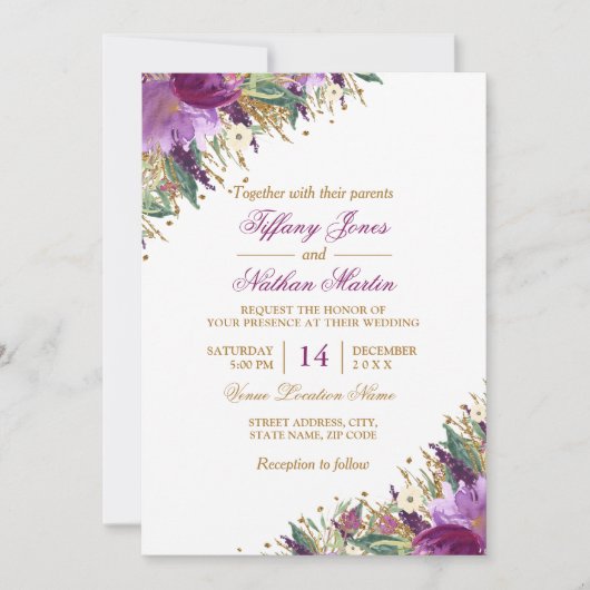 Bloemen Waterverf sprankelende Amethist bruiloft Kaart (Voorkant)