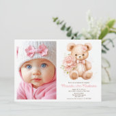 Bloemen Waterverf Teddy Bear, Foto Meisje Dopen Kaart (Staand voorkant)