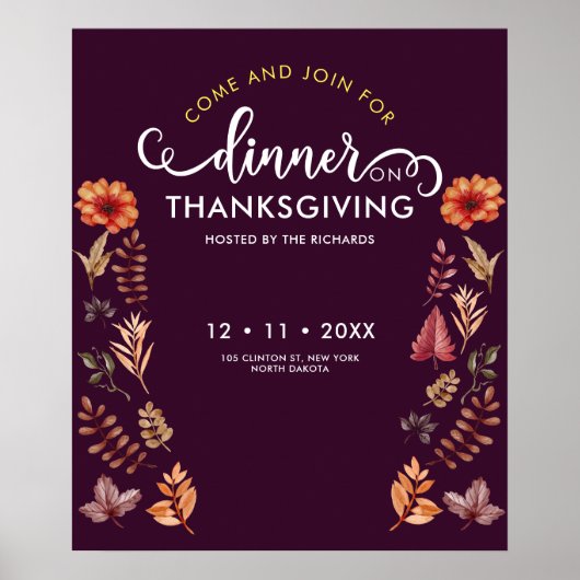 Bloemen Waterverf Thanksgiving Diner Poster (Voorkant)