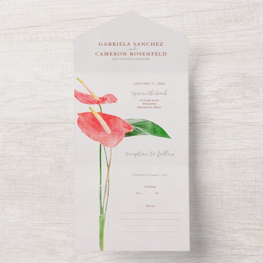 Bloemen Waterverf Tropische Laceleaf bruiloft All In One Uitnodiging (Binnen)