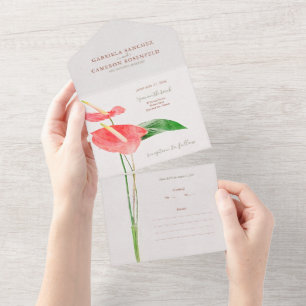 Bloemen Waterverf Tropische Laceleaf bruiloft All In One Uitnodiging