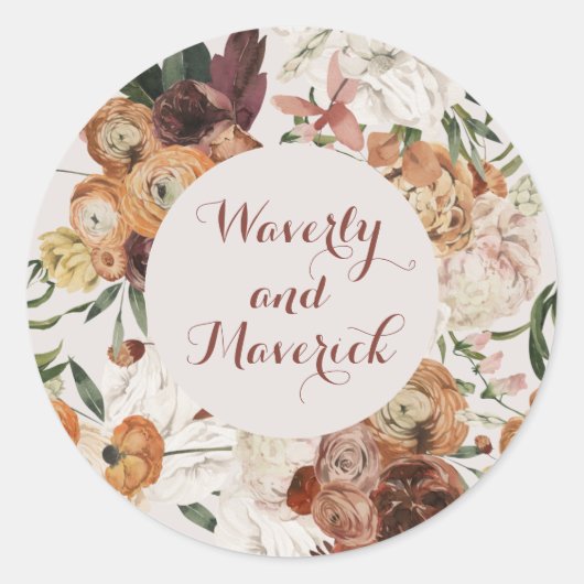 Bloemen Waterverf Verbrand Sinaasappel Stoffig Roo Ronde Sticker (Voorkant)