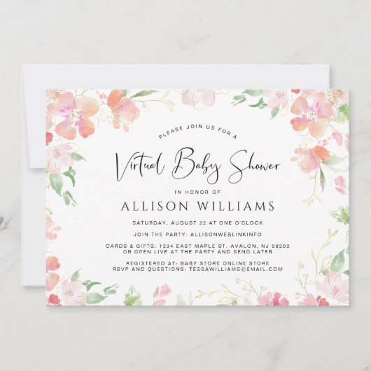 Bloemen Waterverf Virtual Pink Gold Baby shower Kaart (Voorkant)