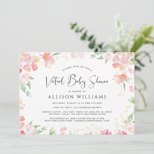 Bloemen Waterverf Virtual Pink Gold Baby shower Kaart (Staand voorkant)