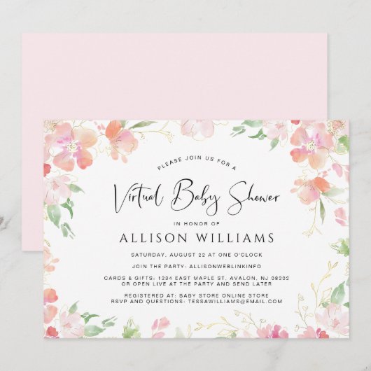 Bloemen Waterverf Virtual Pink Gold Baby shower Kaart (Voorkant / Achterkant)