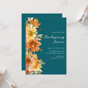Bloemen Waterverf Warm Blue Geef Bedankt Diner Kaart