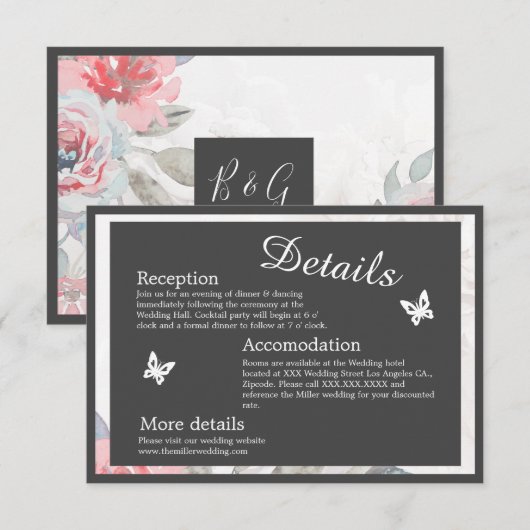 Bloemen waterverf Widflower roos Pioen Bruiloft Informatiekaartje (Voorkant / Achterkant)