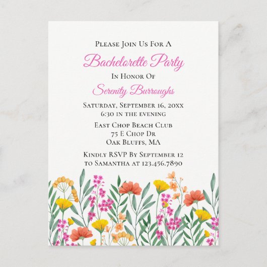 Bloemen Waterverf Wildflower Bachelorette Party Uitnodiging Briefkaart (Voorkant)