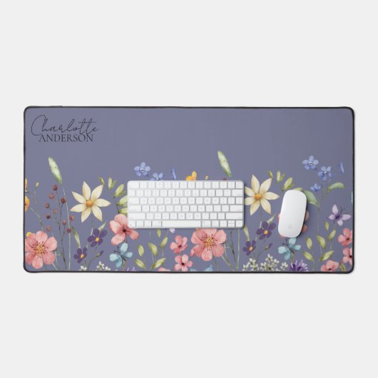 Bloemen Waterverf Wildflower Paarse Grijs Bureaumat (Keyboard & Muis)