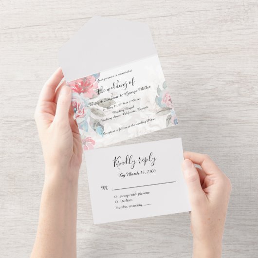Bloemen waterverf wildflower roos bruiloft all in one uitnodiging (Afscheurbaar)