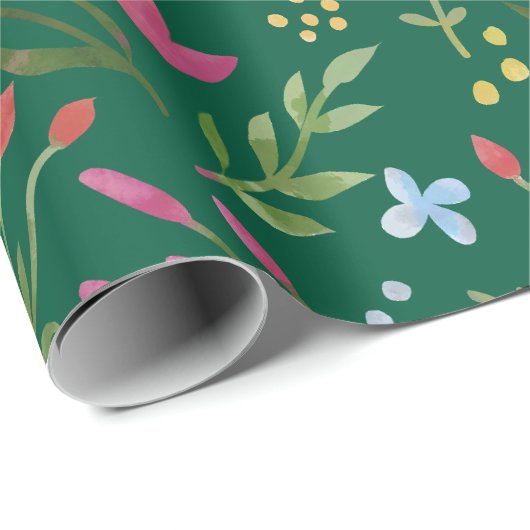 Bloemen waterverf Wildflowers Groen roze blauw gee Cadeaupapier (Rol Hoek)