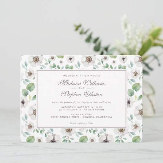 Bloemen Waterverf | Witte anemoon - bruiloft Kaart (Staand voorkant)