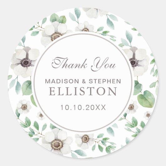 Bloemen Waterverf | witte anemoon | Dank u Ronde Sticker (Voorkant)