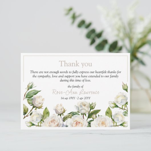Bloemen waterverf witte rozen lijst begrafenis bedankkaart (Staand voorkant)