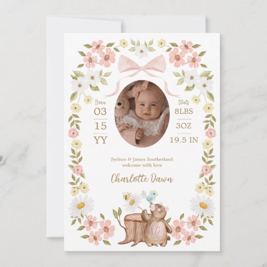 Bloemen Waterverf Woodland Beer Meisje Foto Geboor Aankondiging (Voorkant)