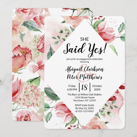 Bloemen Waterverf Ze zei ja verlovingsfeest Kaart (Voorkant / Achterkant)