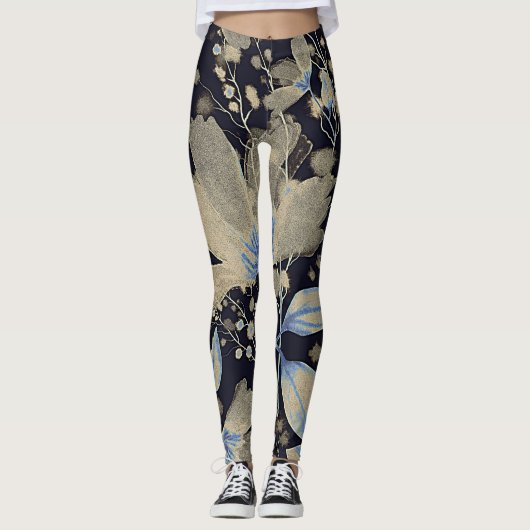 Bloemen Waterverf: zwarte achtergrond Leggings (Voorkant)