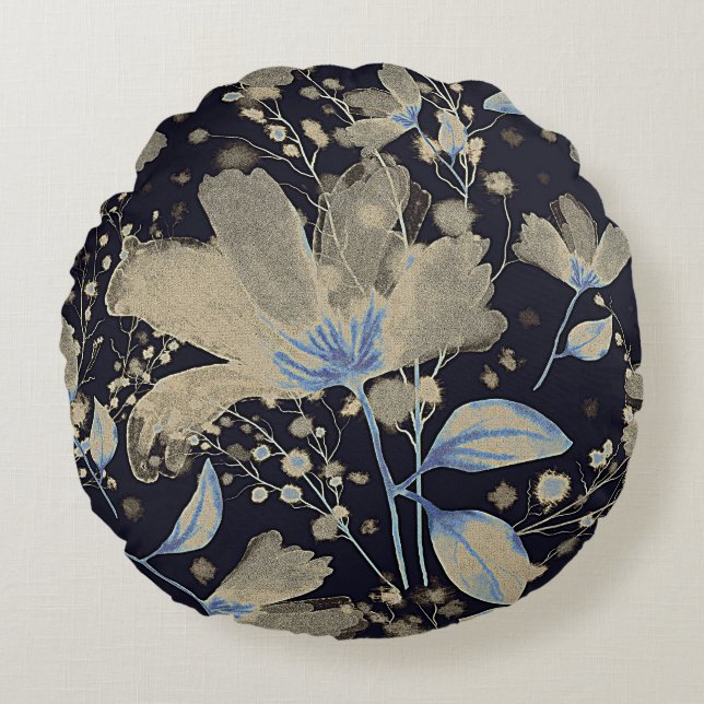 Bloemen  Waterverf: zwarte achtergrond Rond Kussen (Voorkant)