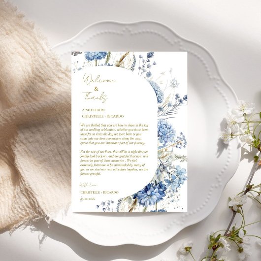 Bloemen welkom en dank u bruiloft gastentafel bedankkaart