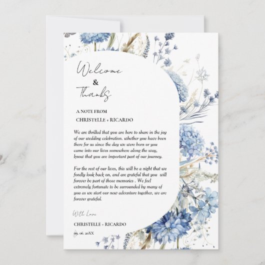 Bloemen welkom en dank u bruiloft gastentafel bedankkaart (Voorkant)