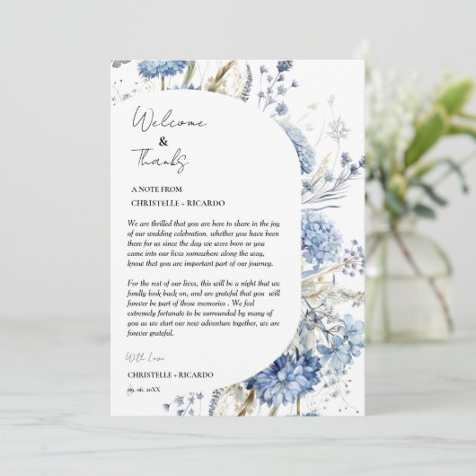 Bloemen welkom en dank u bruiloft gastentafel bedankkaart