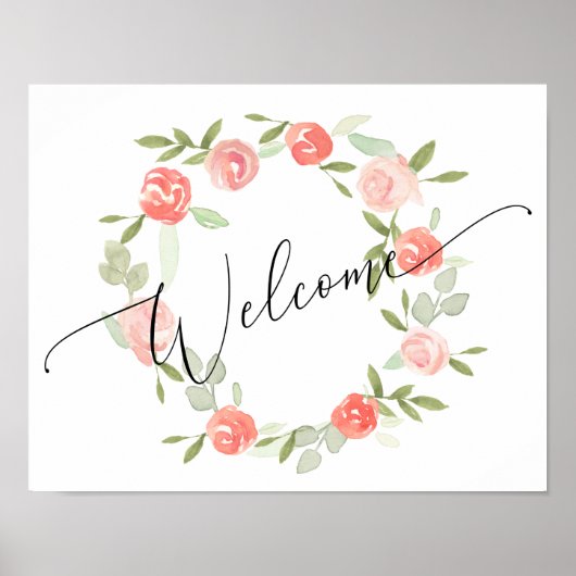 Bloemen welkomstbord - huwelijksfeest Peach Coral Poster (Voorkant)